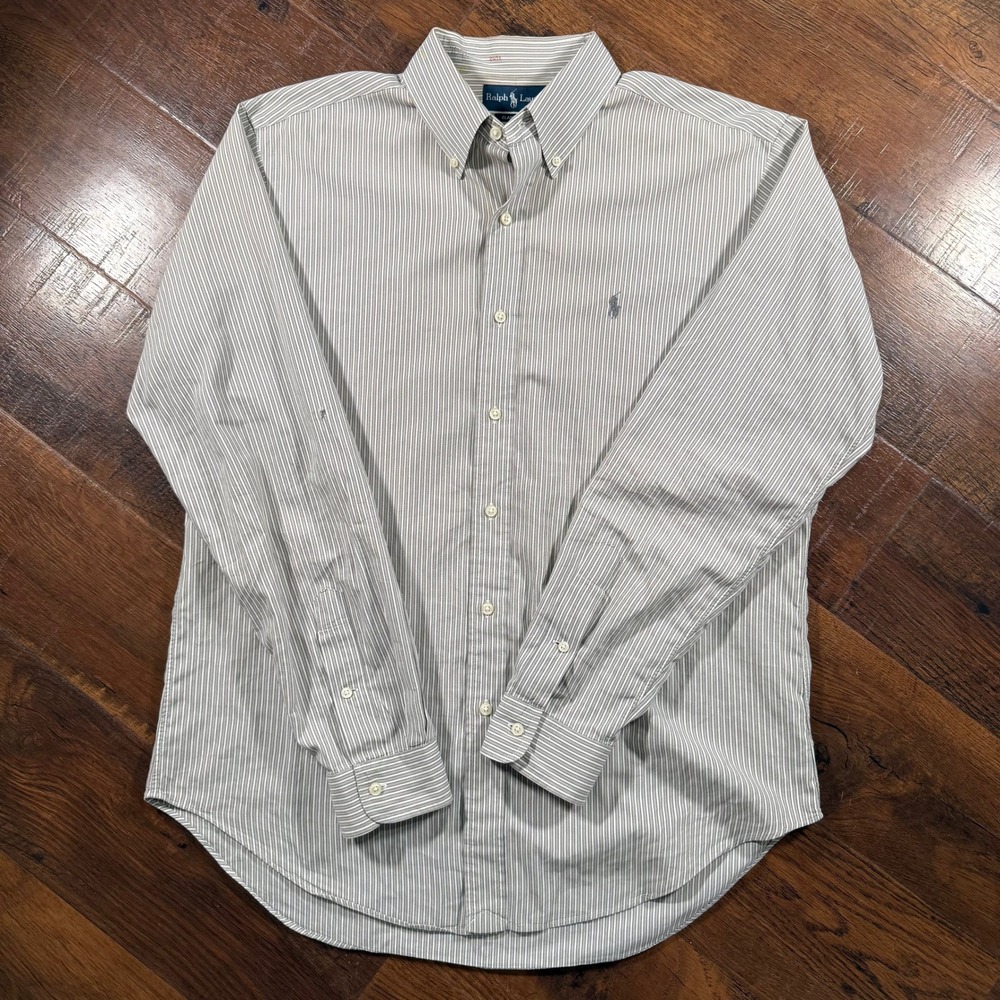 Ralph Lauren Mens Classic Fit Long Sleeve Striped Button Down Shirt Grey Large